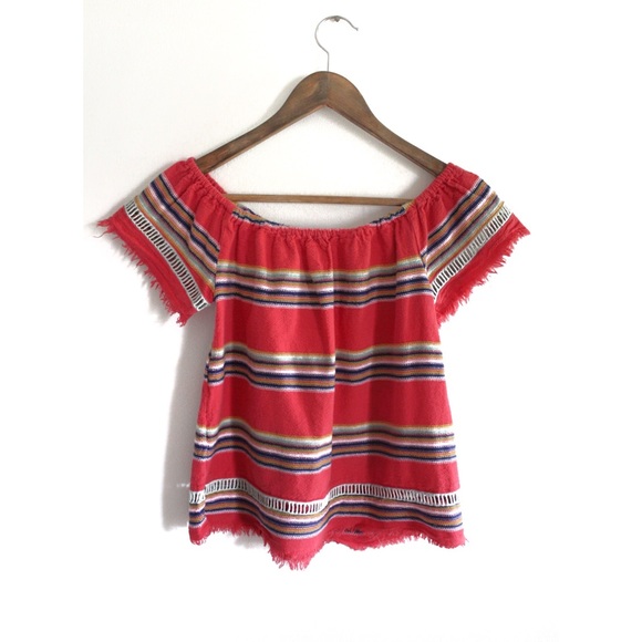 Anthro dRA Off Shoulder Striped Top with Boho Fringe Hem XS Preowned - Picture 5 of 10